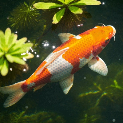 Close-up of a healthy koi fish swimming in clear pond water with aquatic plants, showing good filtration and aeration
