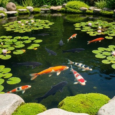 Large, clean koi pond with several koi fish swimming, lush green surroundings, natural lighting