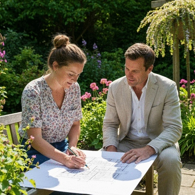 Professional koi pond designer sketching a pond layout with a client in a lush garden setting