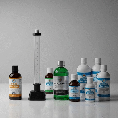 Various koi pond maintenance tools like a water testing kit and dechlorinator