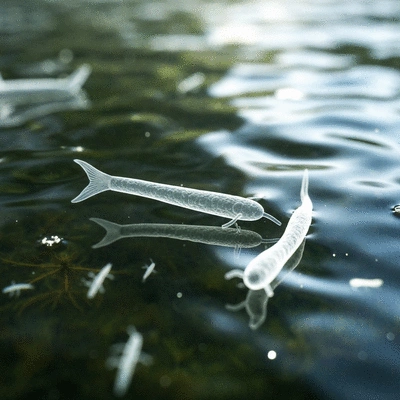 Microorganisms in a koi pond under a microscope, abstract and scientific