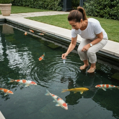 Koi pond owner testing water quality with a kit