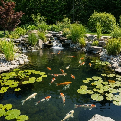 Beautiful koi fish swimming in a well-designed pond with varied depths and natural landscaping