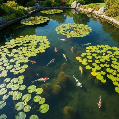 Lush koi pond with clear water and healthy fish