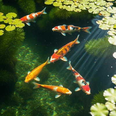 Vibrant koi fish swimming in a clean pond with aquatic plants