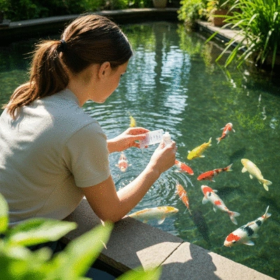 Koi pond water testing kit being used to check water parameters