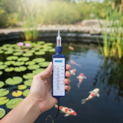 Close-up of a hand holding a water testing kit, with a koi pond in the soft-focus background, no text, no words, no typography, clean image