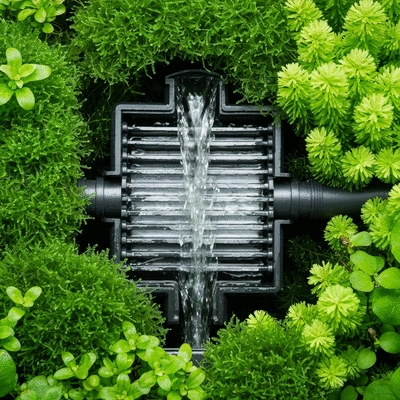 Close-up of a koi pond filter system with clear water flowing, surrounded by healthy green plants, no text, no words, no typography, clean image