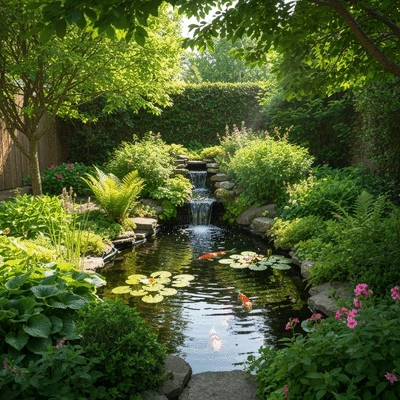 Beautiful small koi pond in a backyard with lush green plants and a small waterfall