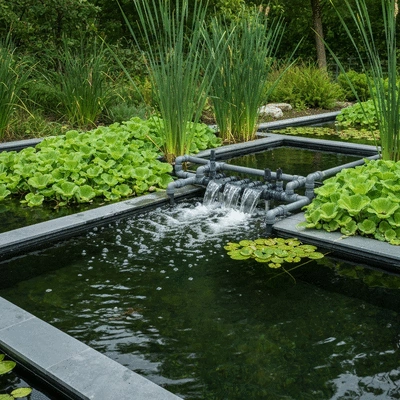 Modern koi pond filtration system with clear water