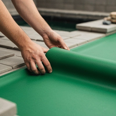 Person inspecting high-quality EPDM liner for a koi pond