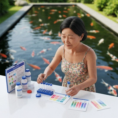 Koi pond water testing kit with a person performing a test