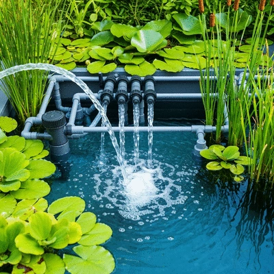 Detailed view of a modern koi pond filtration system with clear water flowing, surrounded by lush green plants