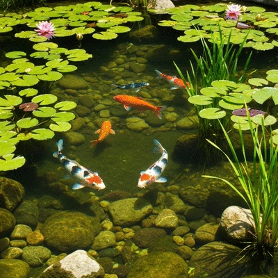 Koi fish swimming in a clear, healthy pond with lush aquatic plants and natural rocks