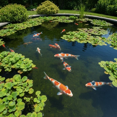 Healthy koi pond with lush aquatic plants and clear water