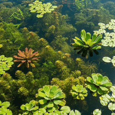 Variety of aquatic plants in an ecosystem pond, including submerged, marginal, and floating plants