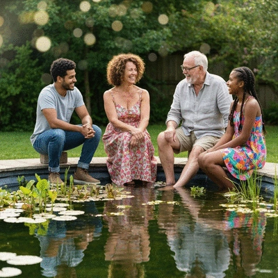 Diverse group of people gathered around a beautiful backyard pond, smiling and interacting, representing a community of pond enthusiasts