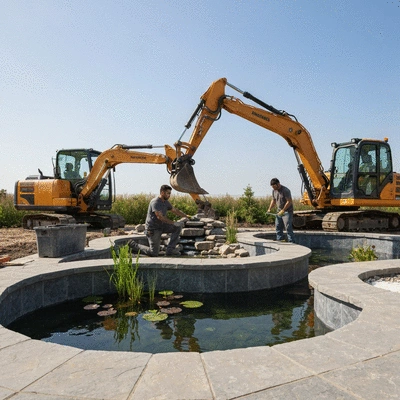 Professional landscapers constructing a custom koi pond, showing heavy machinery and detailed work, clear sunny day, no text, no words, no typography