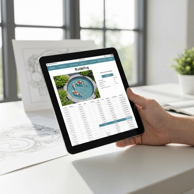 Close-up of a hand using a tablet with a koi pond budgeting spreadsheet visible on the screen