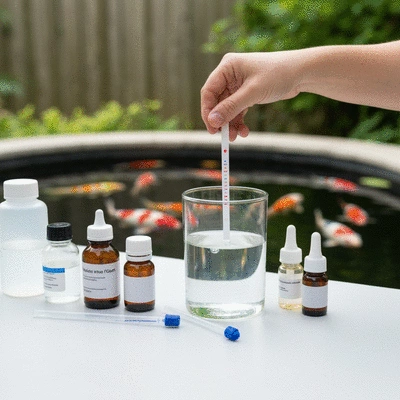 Koi pond water testing kit with a person's hand holding a test strip