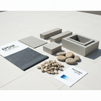 Various koi pond construction materials neatly arranged, such as EPDM liner, concrete samples, natural stones, and polyurea coating swatch, on a clean, light-colored surface with bright natural lighting, no text, no words, no typography, no labels, clean image