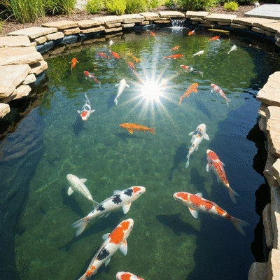 Close-up of a koi pond, showing a durable EPDM liner, natural stones, and clear water with healthy koi fish swimming, bright sunlight, no text, no words, no typography, no labels, clean image