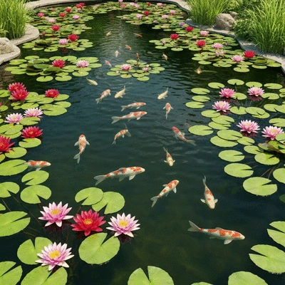 Beautiful koi pond with vibrant water lilies and various aquatic plants, natural lighting, no text, no words, no typography, 8K