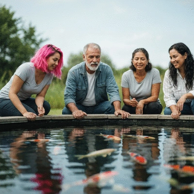 Group of koi keepers gathered around a beautiful koi pond, sharing knowledge