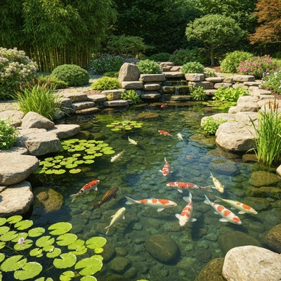 Beautiful koi pond with natural rocks, aquatic plants, and colorful koi fish