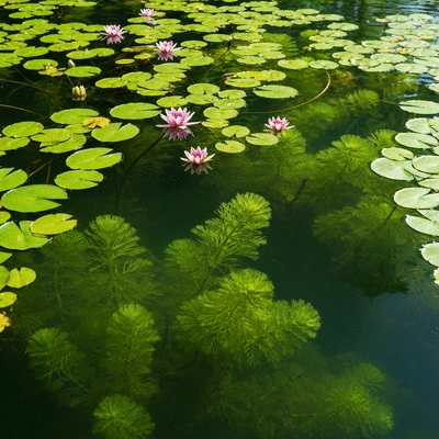 Close-up of vibrant aquatic plants in a koi pond