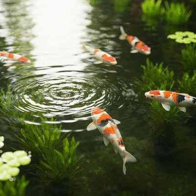 Healthy koi pond with clear water and vibrant koi fish, surrounded by lush green aquatic plants