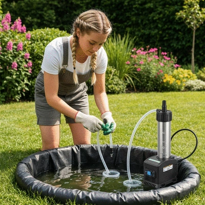 Person assembling a small koi pond kit in a backyard, showing various components like liner and pump, bright natural light, no text, no words, no typography