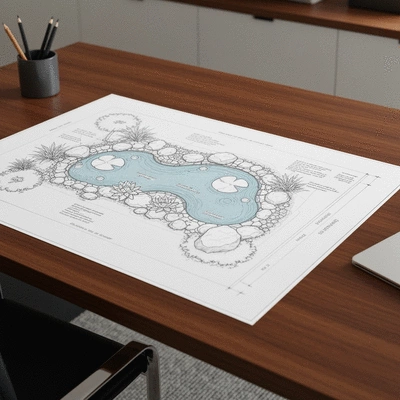 Detailed blueprint or sketch of a koi pond design with landscaping elements