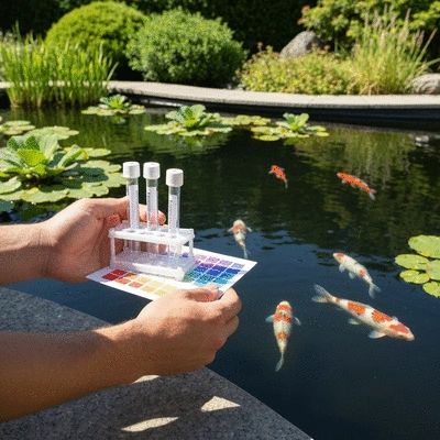 Person using a water testing kit for a koi pond