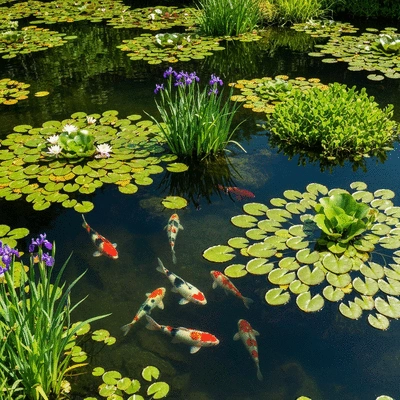 Lush aquatic plants in a koi pond with visible koi fish