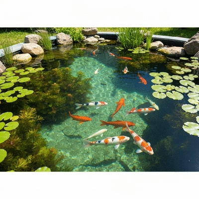 Eco-friendly koi pond with native aquatic plants, clear water, and visible koi, showing a balanced ecosystem, no text, no words, no typography, 8K