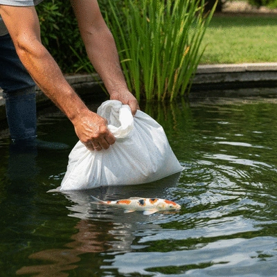 Person carefully acclimating new koi fish to a pond