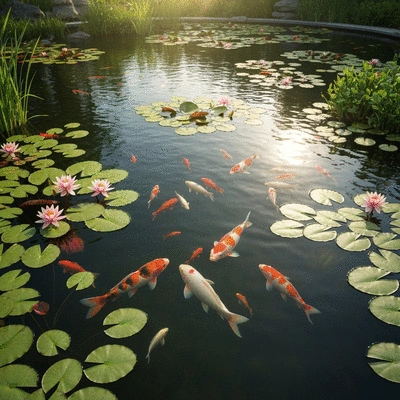 Lush koi pond with water lilies and healthy koi fish