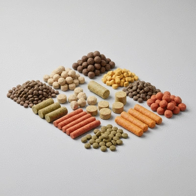 Assortment of high-quality koi fish food pellets and sticks on a clean background