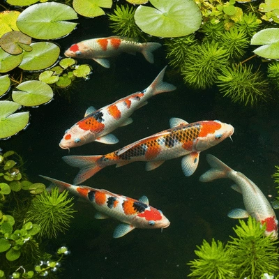 Healthy koi swimming in a clear pond with aquatic plants