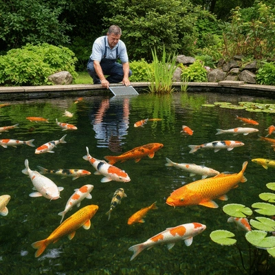 Person monitoring and maintaining a beautiful koi pond, clear water, healthy koi fish visible, lush greenery around, no text, no words, no typography, clean image