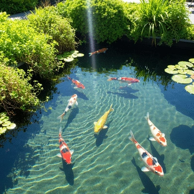 Modern koi pond with clear water and visible healthy koi fish, surrounded by lush green plants, sun shining, no text, no words, no typography, clean image