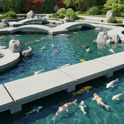 Koi pond with elegant stone pathways, bridges, and carefully placed rocks, natural lighting, no text, no words, no typography, 8K