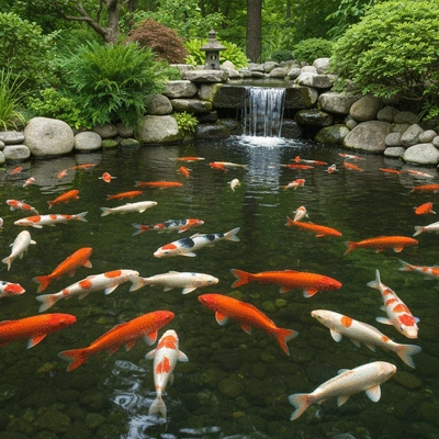 Beautiful koi fish swimming in a pond with an aerating waterfall in the background, clean water, natural setting